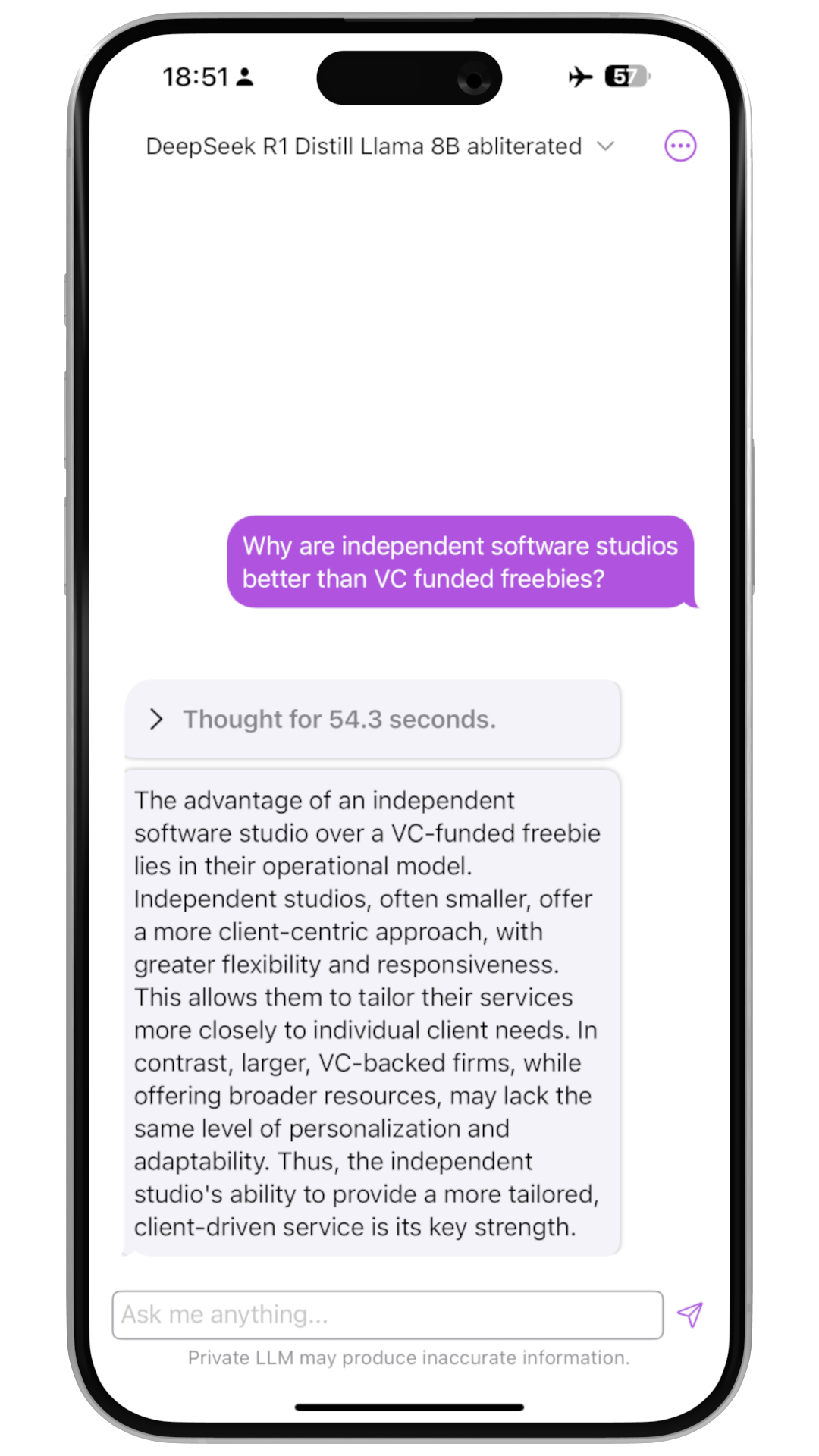 An iPhone running the Private LLM app, where the on-device DeepSeek R1 Distill Llama 8B model answers a question about why independent software studios beat VC-funded freebies.